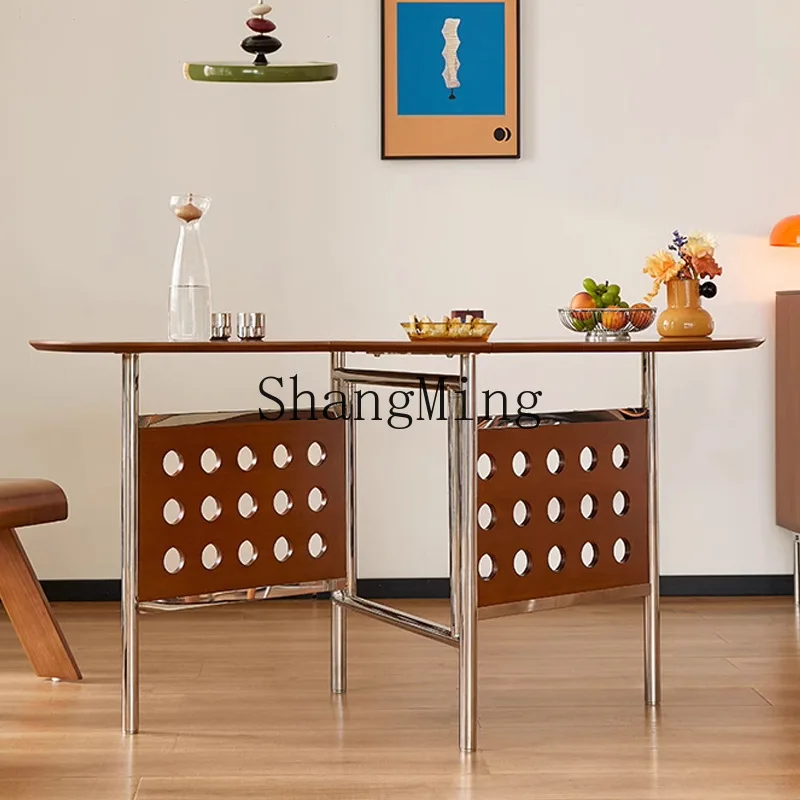 

FG retro solid wood dining table stainless steel table household small apartment