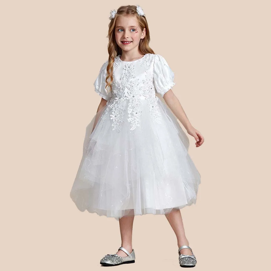 YZYmanualroom vestido de princesa con manga de burbuja de encaje encantador, vestido de niña de flores, 2-15T