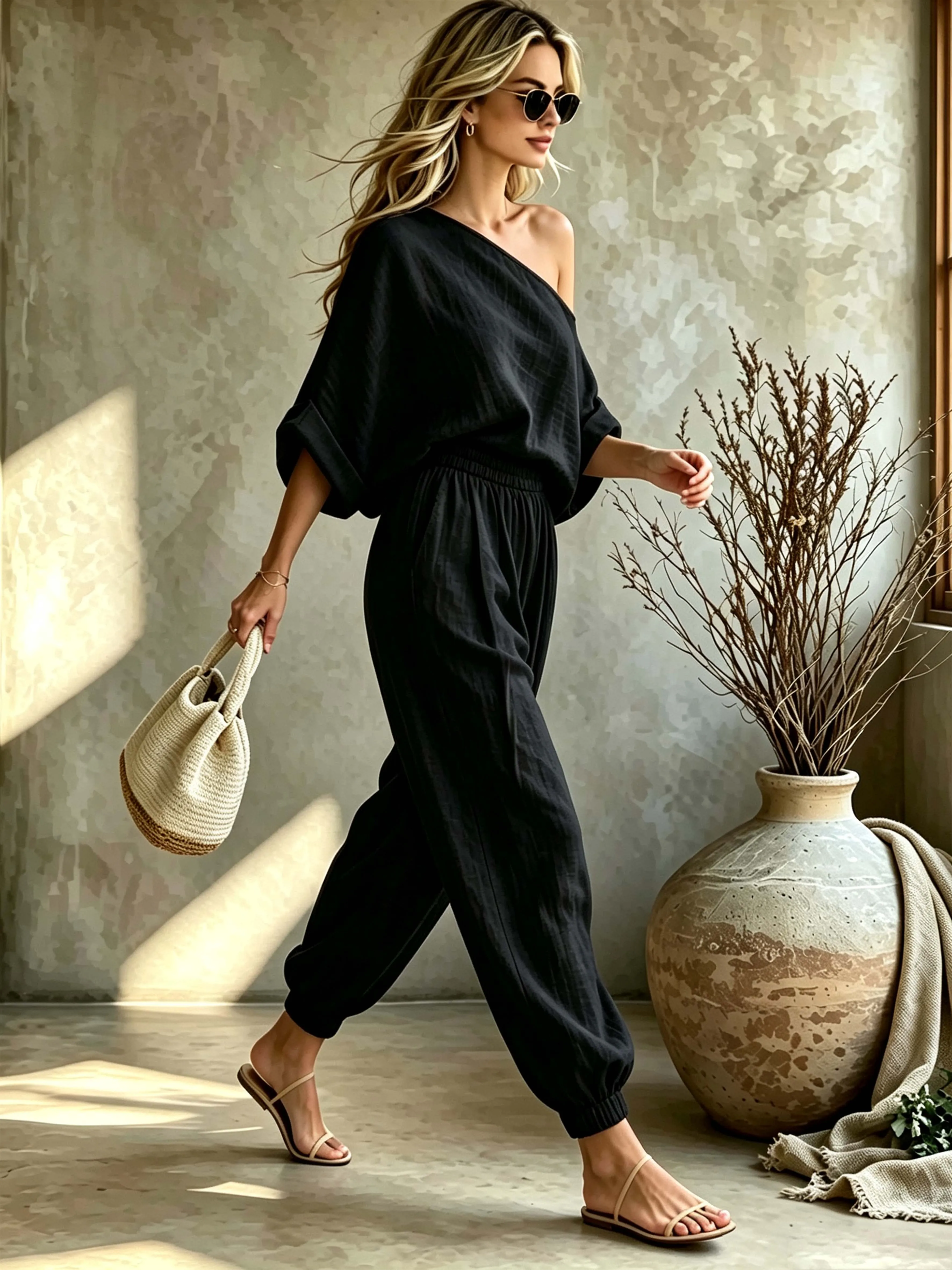 Elegantes zweiteiliges Damen-Set mit schulterfreiem Oberteil und Leinen-Optik, lässiger rustikaler Stil, ideal für entspannte Urlaube – Detail 6