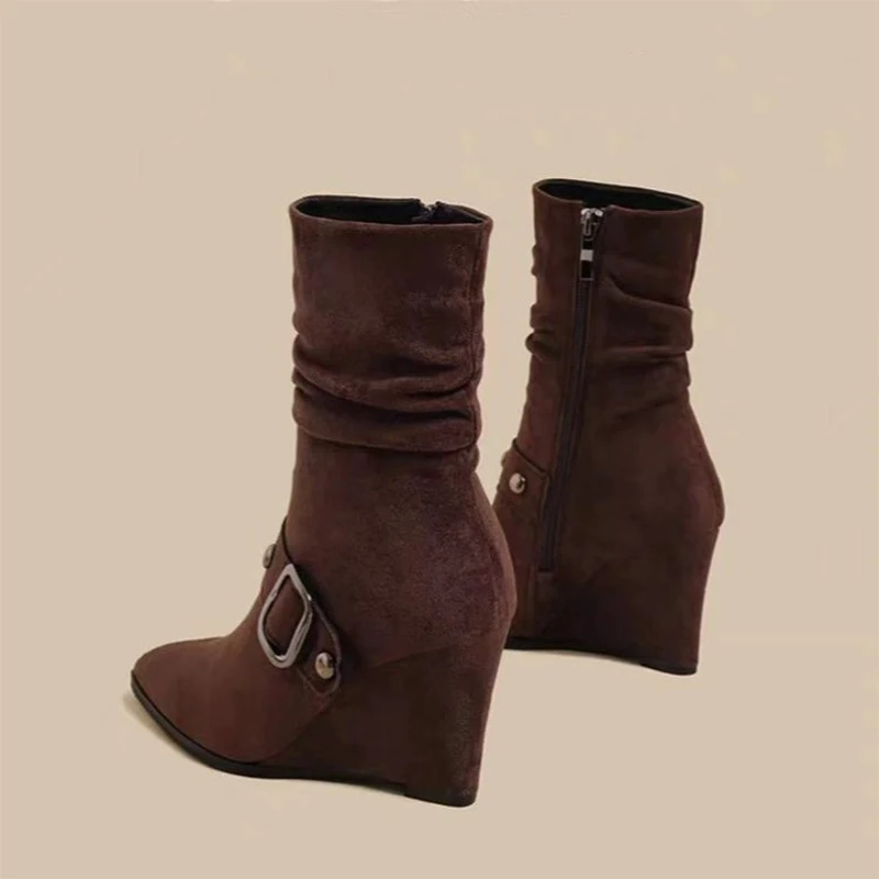 

Wedges Women's Boots Pointed Toe Shoes Woman Winter 2025 Elegant High Heels Boots Suede Pumps New Chelsea Boots Zip Mujer Botas