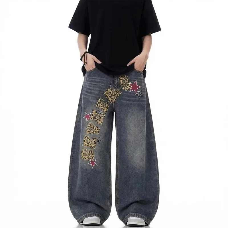 Niche Men's Wide Leg Jeans European Casual Leopard Print Star Applique Vintage Wash Street Style Denim Baggy Pants