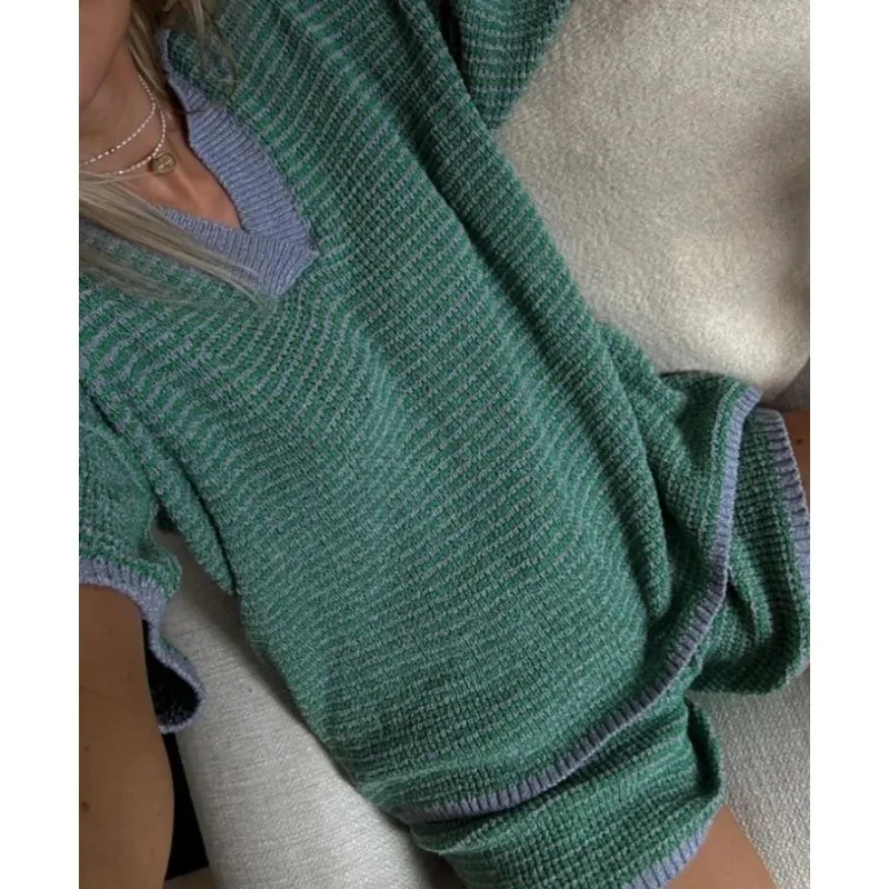 Striped knit lapel T-shirt shorts set women's loose short sleeve pullover, shorts 2024 new women's trendy casual wear
