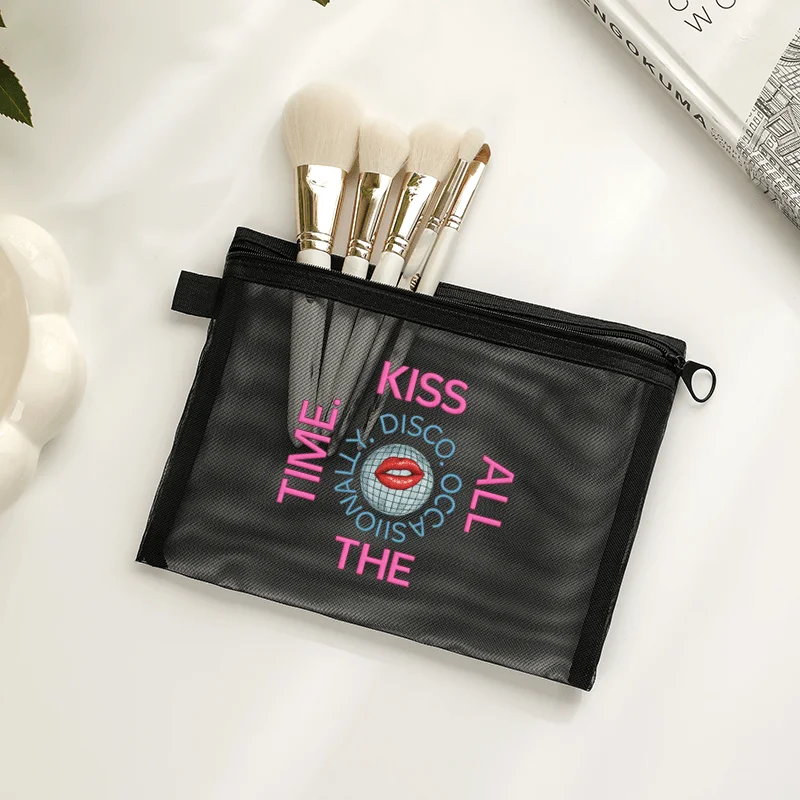 Kiss All The Time Pattern Mesh Clear Cosmetic Bags Women Black Makeup Bag Portable Travel Toiletry Org