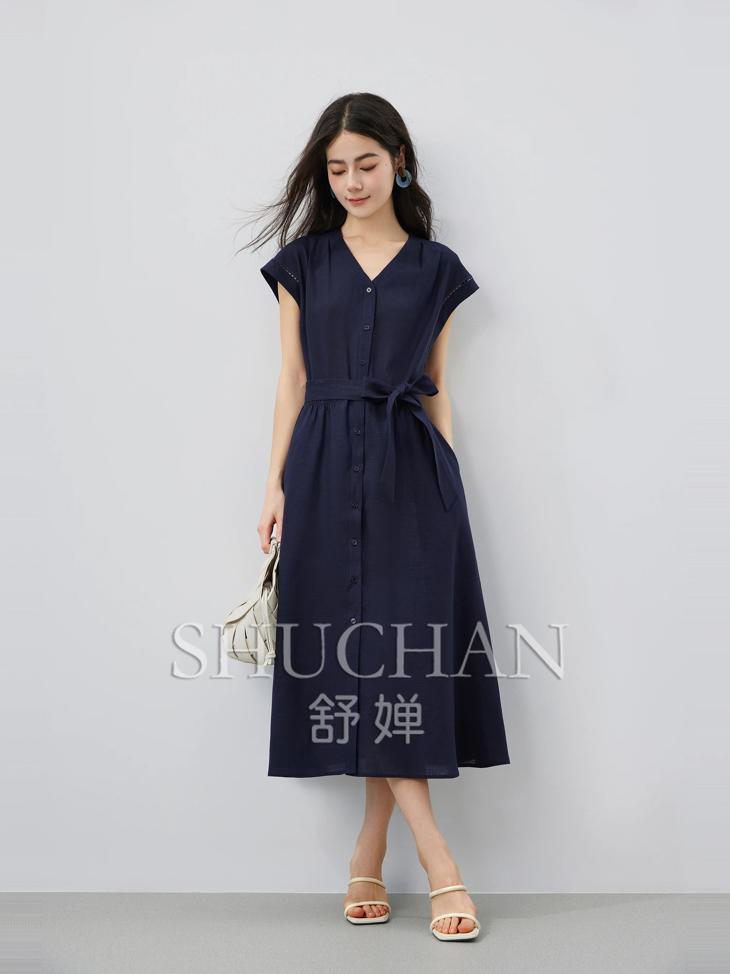 

Good Quality Natural Linen + Lyocell, Hollow Webbing Splicing Dress Women Vestidos Elegantes Para Mujer