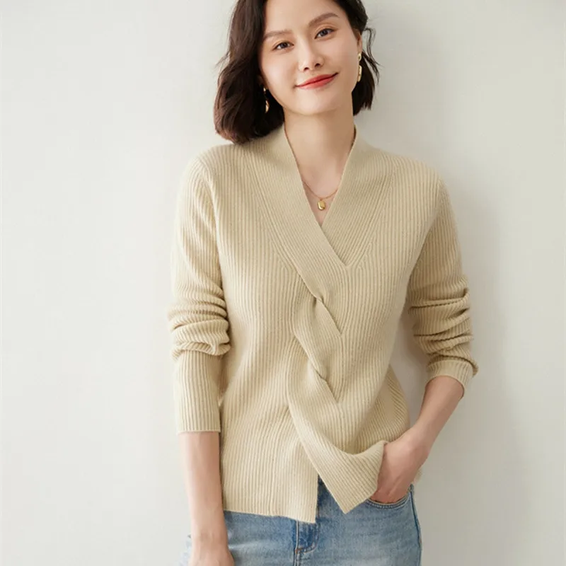 2024 Autumn Winter Women\'s 100% Cashmere Sweater V-Neck High Quality Soft Warm Pullover Female Elasticity Slim Knitted Jumper