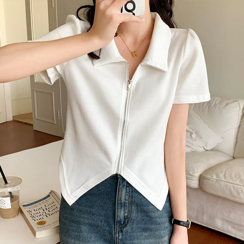 

White T-shirt Turn-Down Collar Female Summer Zipper FlyCardigan Short-sleeved Blouse Irregular Woman Top Cotton Tees Shirts Slim