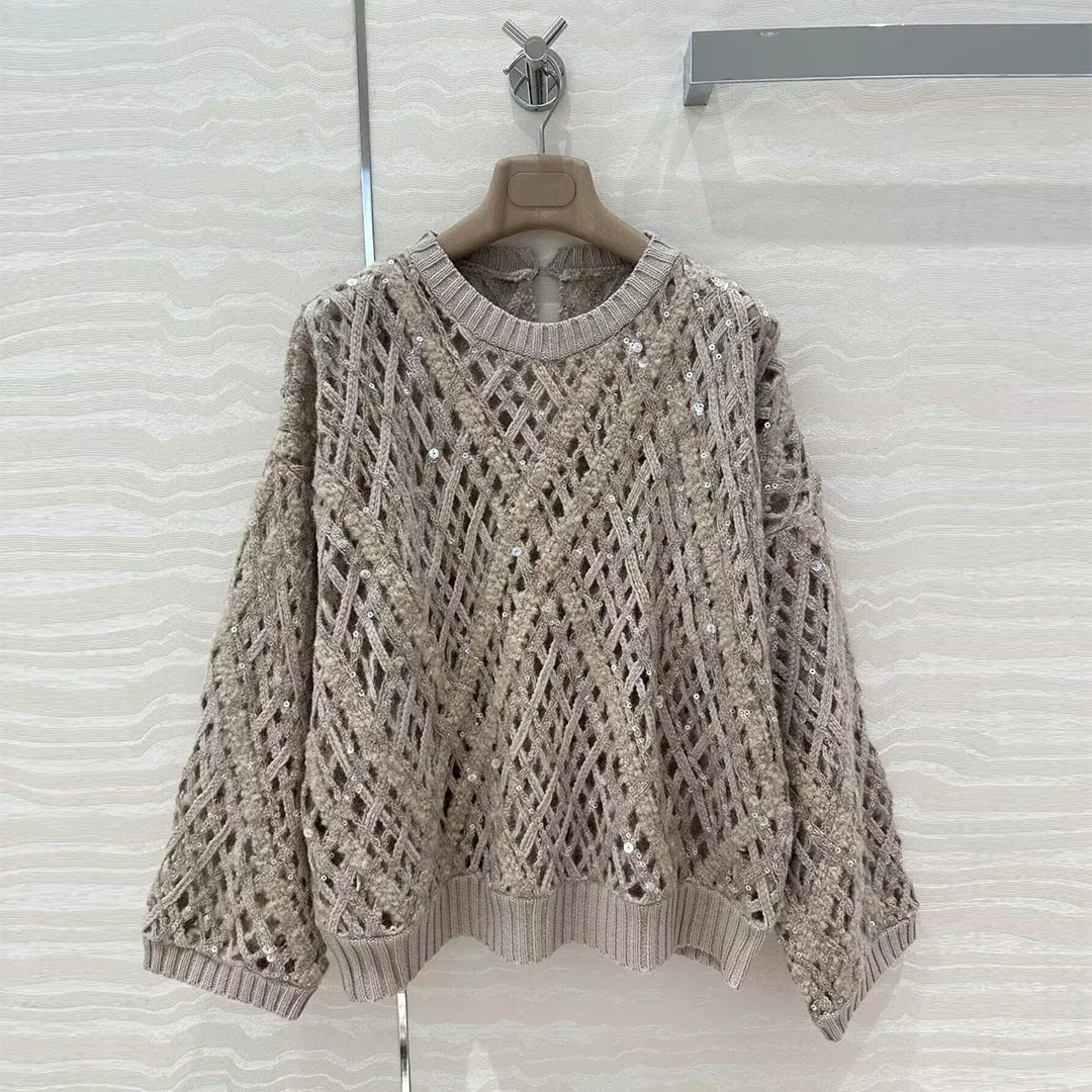 Top Quality 100% Cashmere Knitted Pullovers Women Hollow Out Crochet Twist Sequins Loose Casual Lazy Style Luxury Sweater