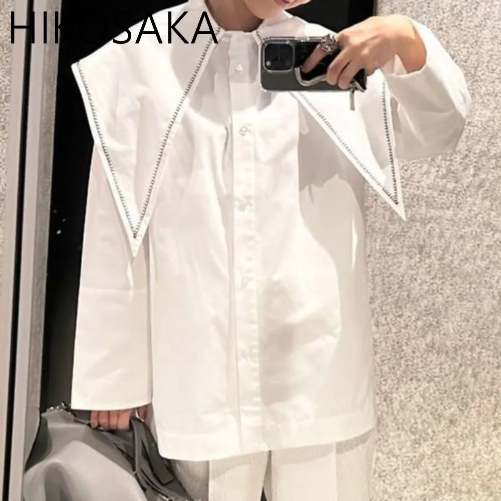 

Модные рубашки с большим отложным воротником и длинными рукавами, свободная повседневная однобортная блузка, простой универсальный элегантный белый топ Blusas