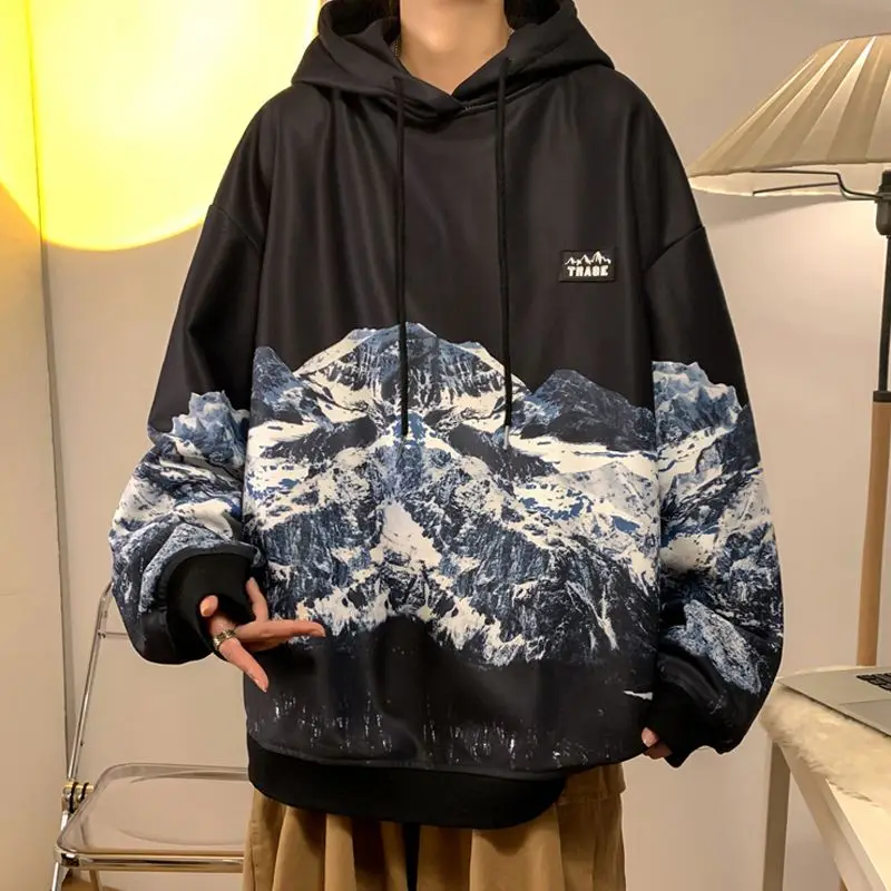 2026 New Graffiti Print Hoodie Men Autumn Winter Long Sleeve Pullover American Style Casual Top