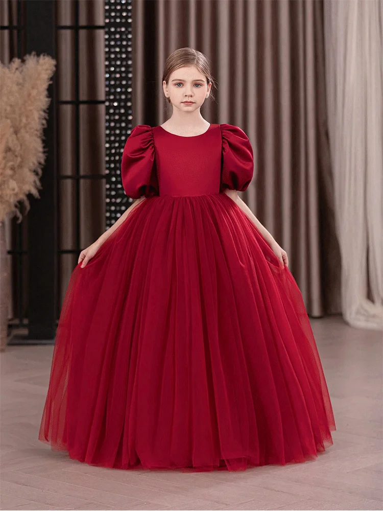 Burgundy Round Neck Short Sleeve Satin Flower Girl Evening Dress Girl Mesh Birthday Holiday Evening Dress Girl Performance Dres