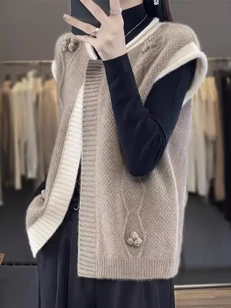 

Soft Color Blo Camere Vest Cardigan Early Autumn Faionable Slimming Svel Knitted Sweater Commute Sle round Ne