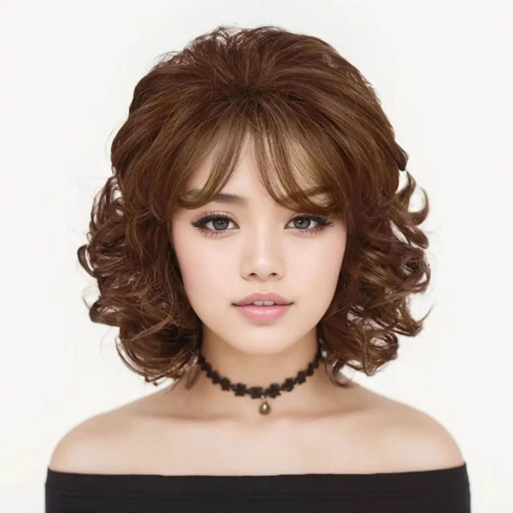 

Synthetic 14 Inch Short Wigs for Women Light Brown Hair Replacement Wig Fluffy Curly Wig with Bangs Daily Party Cosplay Lady Wig