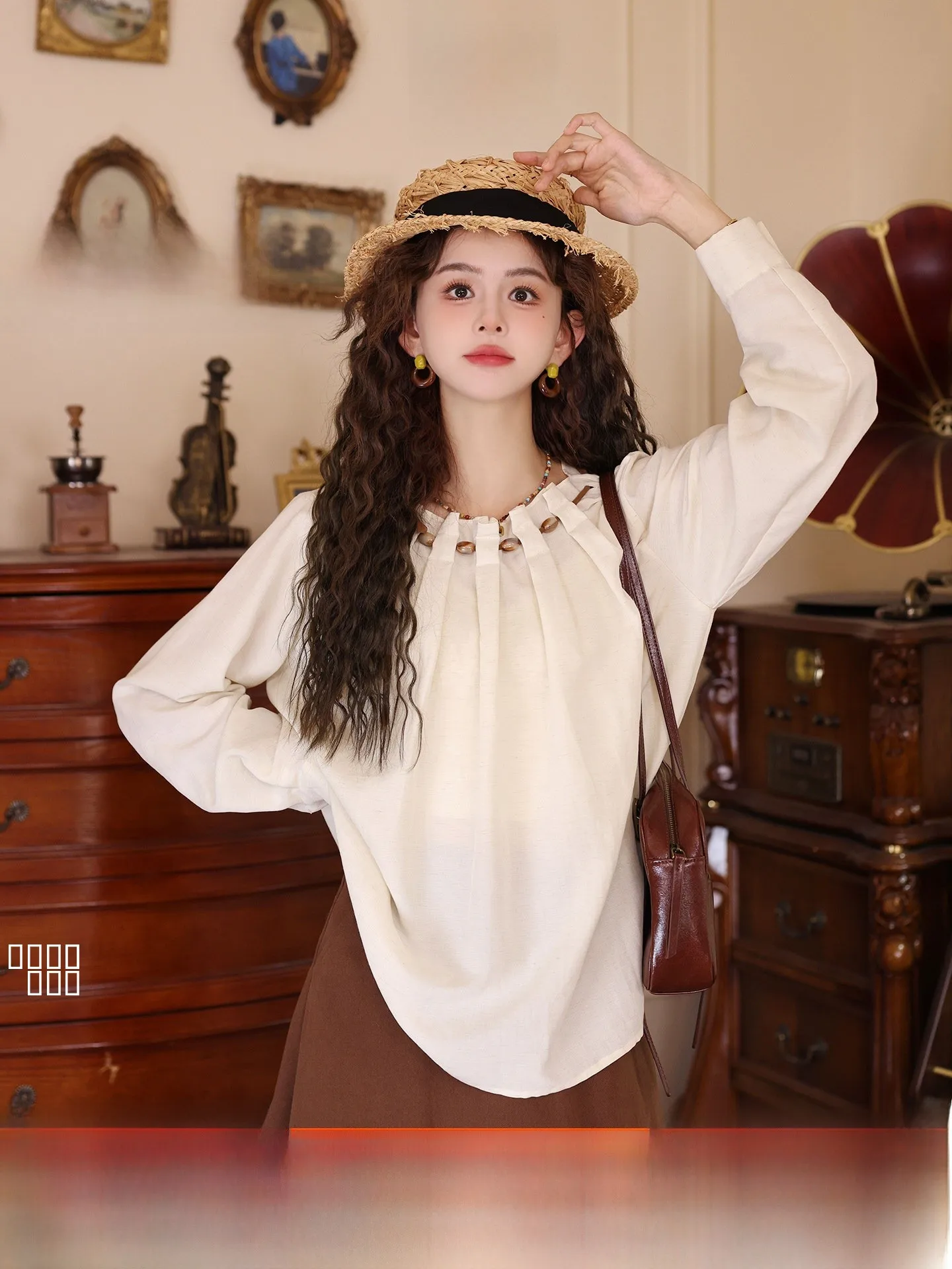 

Chen Jiajie Moonlight Gem Vintage Beaded Long Sve Loose Women's irt Versatile Early Autumn New Sle Breathable Comfortable