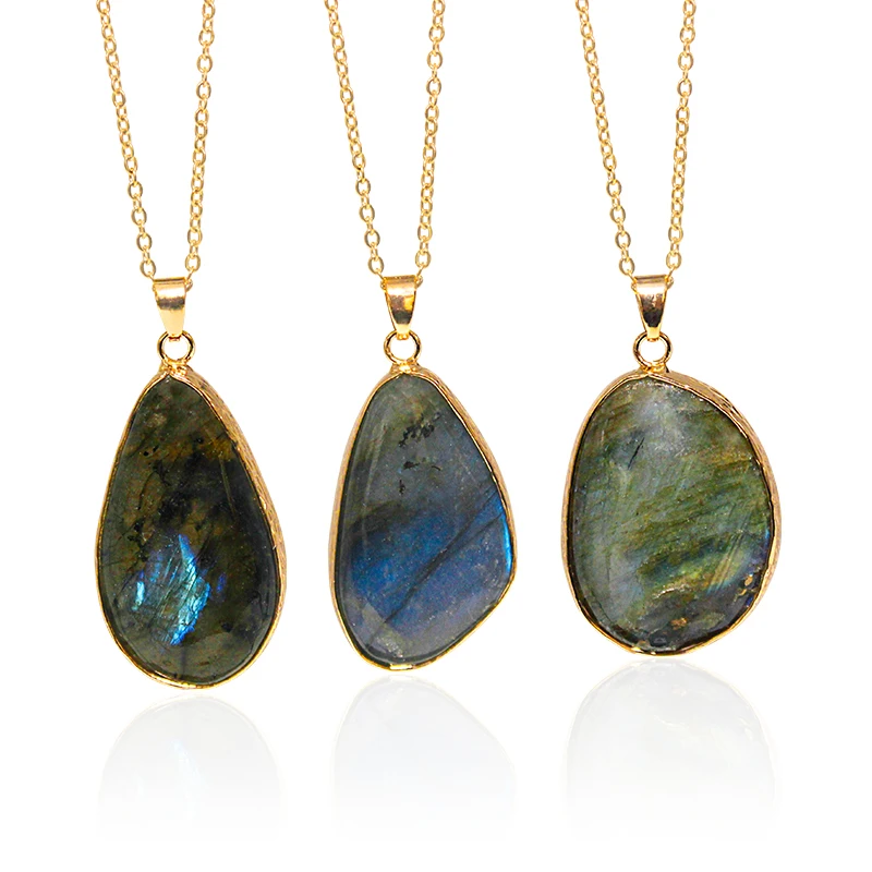 Irregular Natural Raw Labradorite Necklace for Women Men Moonstone Healing Stone Pendant with Gold Trim