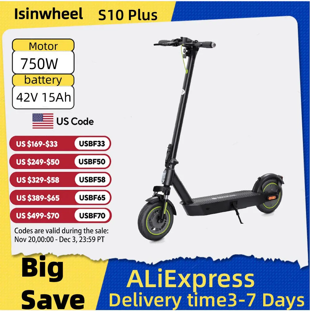 

Isinwheel S10 Plus E-scooter For Adult 42V 15Ah Battery 750W Motor 10" Pneumatic Tires Foldable City Electric scooter