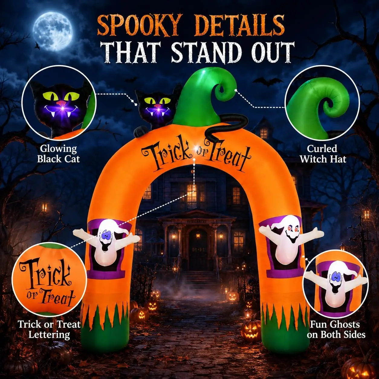 Halloween Inflatable Archway 10Ft with 7 LED Lights, Black Cat & Ghosts Design, Self-Inflating, Weather-Resistant, Foldable Outdoor Yard Decor, Bright Nighttime Glow, Easy Setup, Ideal Lighted Trick-or-Treat Entrance view 5