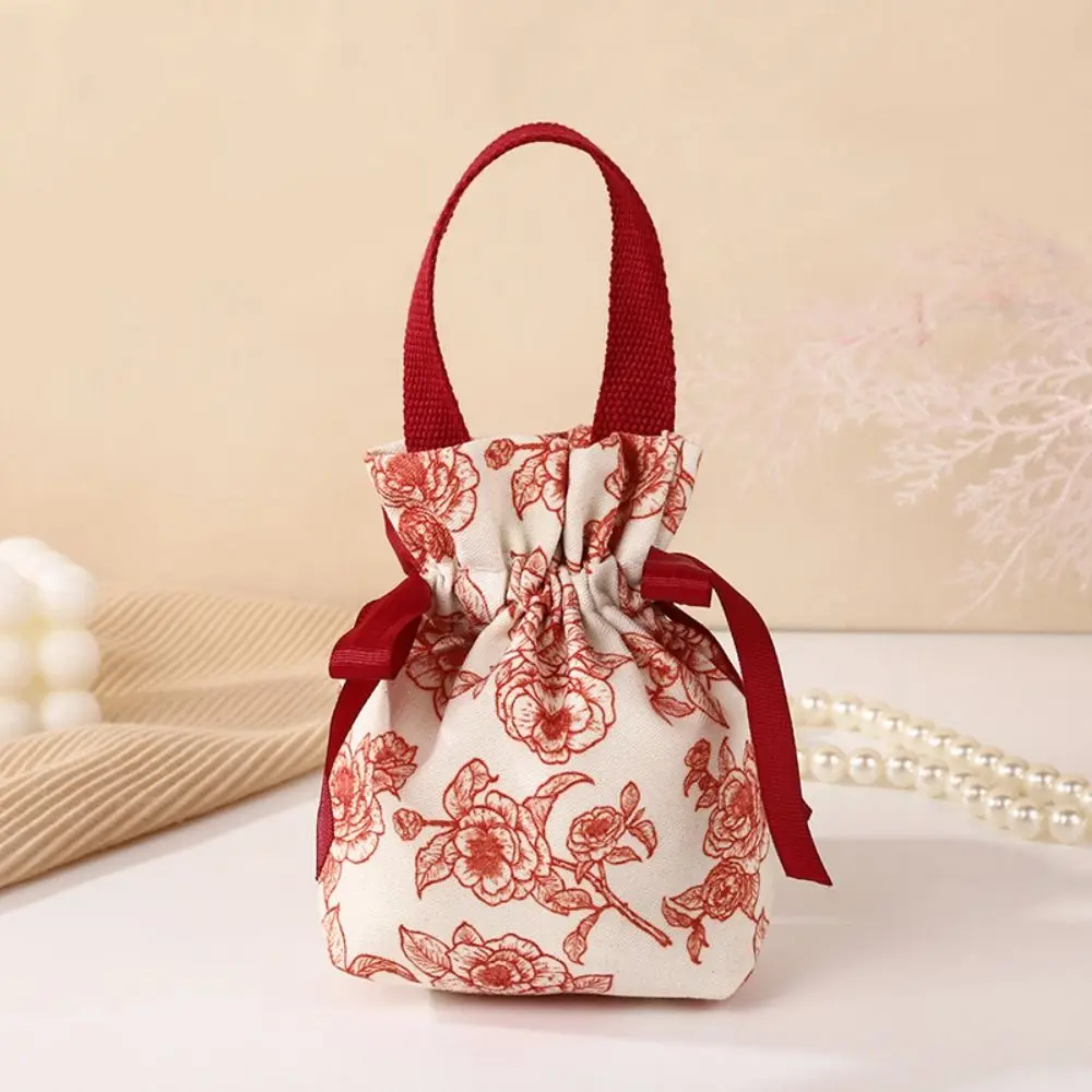 Ribbon Bow Canvas Flower Drawstring Bag Floral Korean Style Festive Sugar Bag Large Capacity Wedding Candy Bag Bowknot Handbag