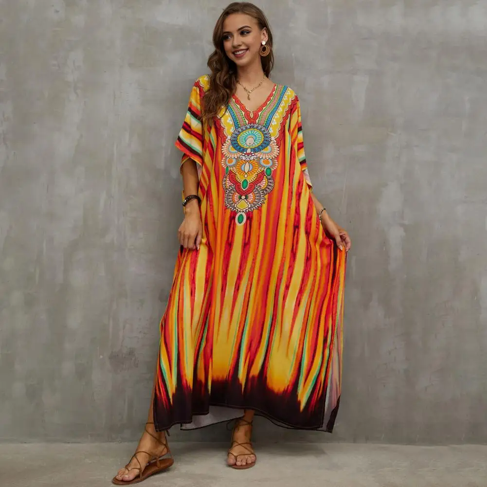 Vestido Rayon Beach Cover Up, decote em v, manga curta, ajuste solto com fenda lateral, maiô para férias, impressão colorida vibrante