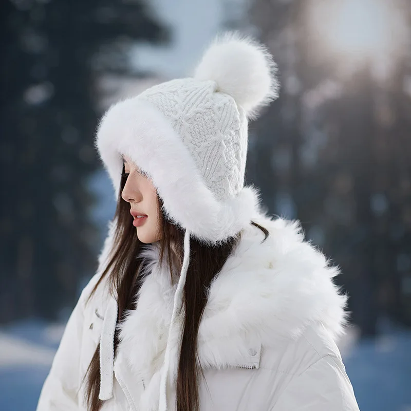 Chapéu de malha grosso de pelúcia feminino, proteção auricular, moda coreana, Versátil, Quente, Inverno, 2023