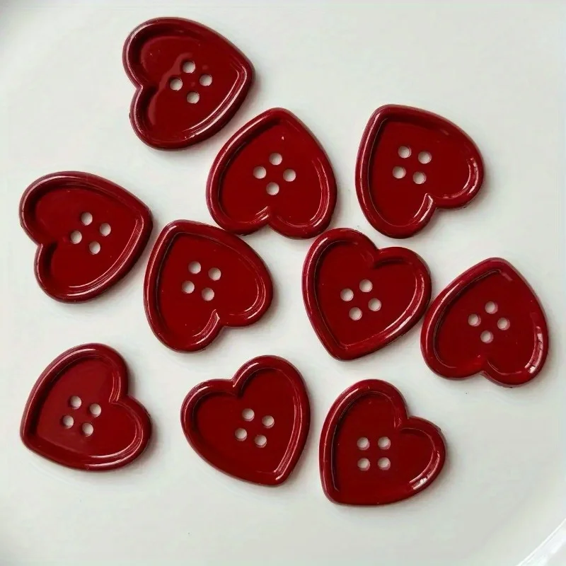 10pcs Vintage Wine Red Heart Buttons - Plastic Decorative Buttons with 4-Hole Design for Women's Coats, Sweaters, Hats