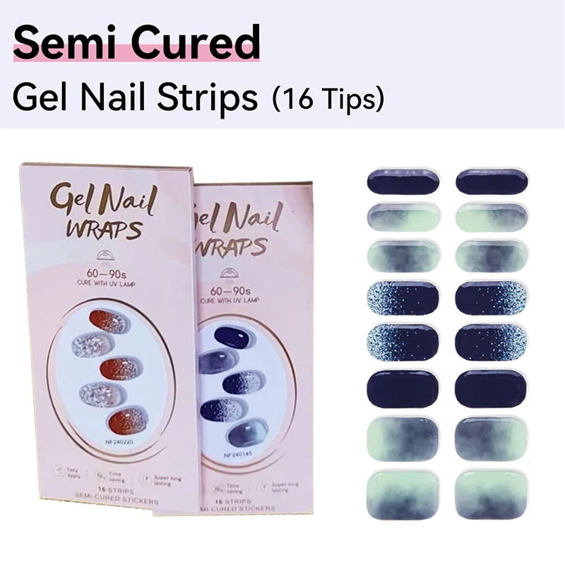 16tips Semi-Cured Gel Nail Wraps Stickers Blooming Gel Colors Adhesive Full Cover Waterproof Solid Nail Strips DIY Manicure