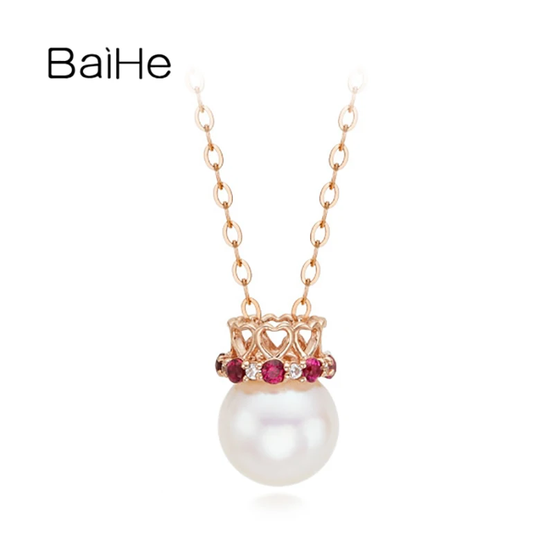 

BAIHE Solid 18K Rose Gold Natural Freshwater Pearl Diamond Ruby Leisure Daily Crown Pendant Necklace Women Trendy Fine Jewelry