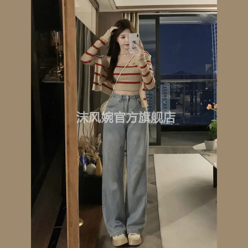 Early autumn new Korean version pure desire style striped camisole knitted cardigan jacket+fashionable jeans three piece set