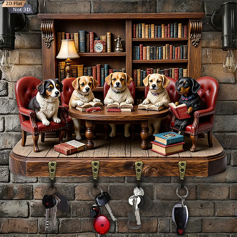 2D Flat, 1pc, Puppy Reading Book Key Hook, Wooden Multifunctional Home House Key Hook, with Four Metal Hooks, Wall Decoration,