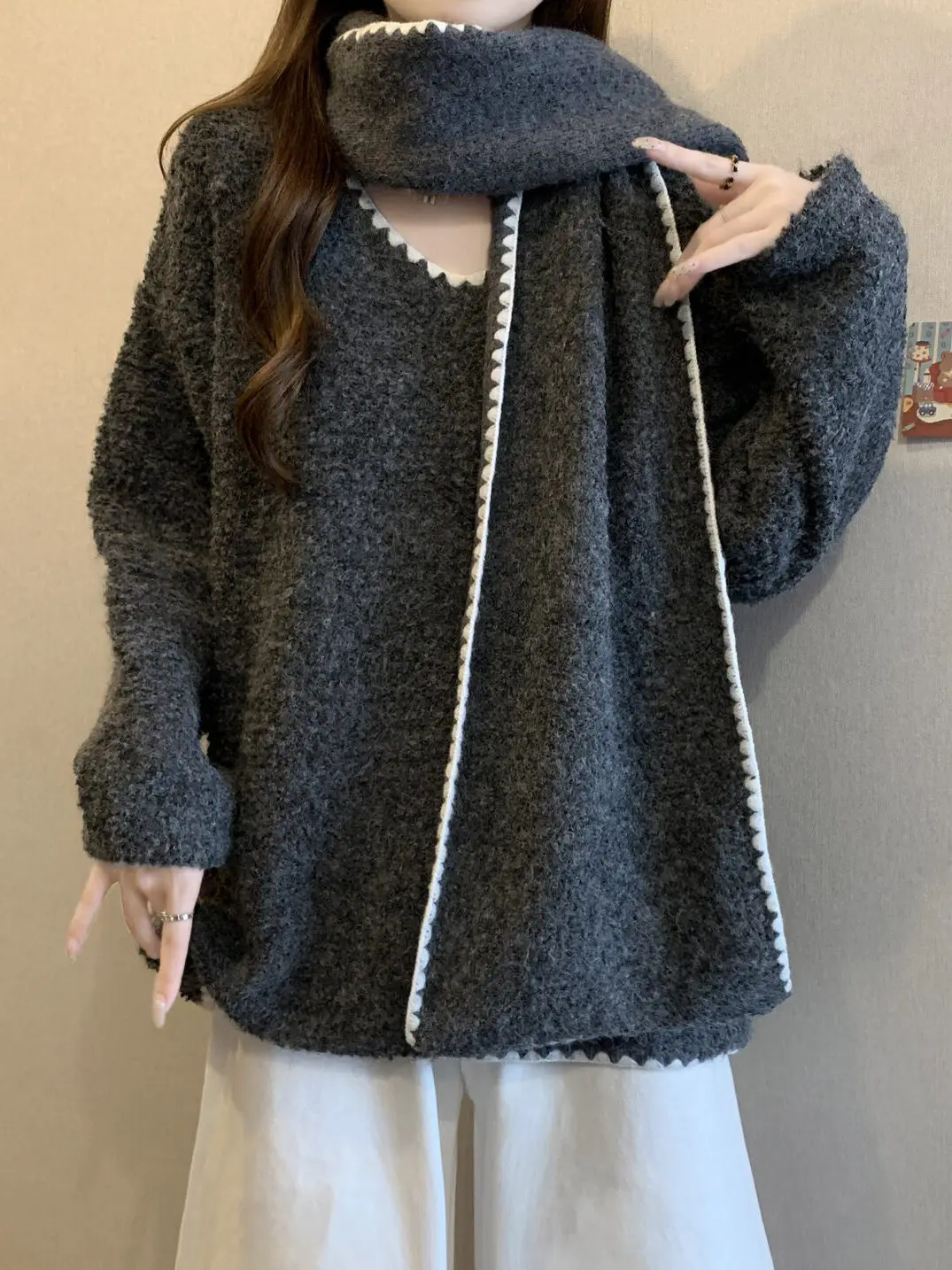 

ay V-ne Long Sve Sweater Women's Loose Medium-length Autumn Winter plus Size Faion Comfortable Slimming Top