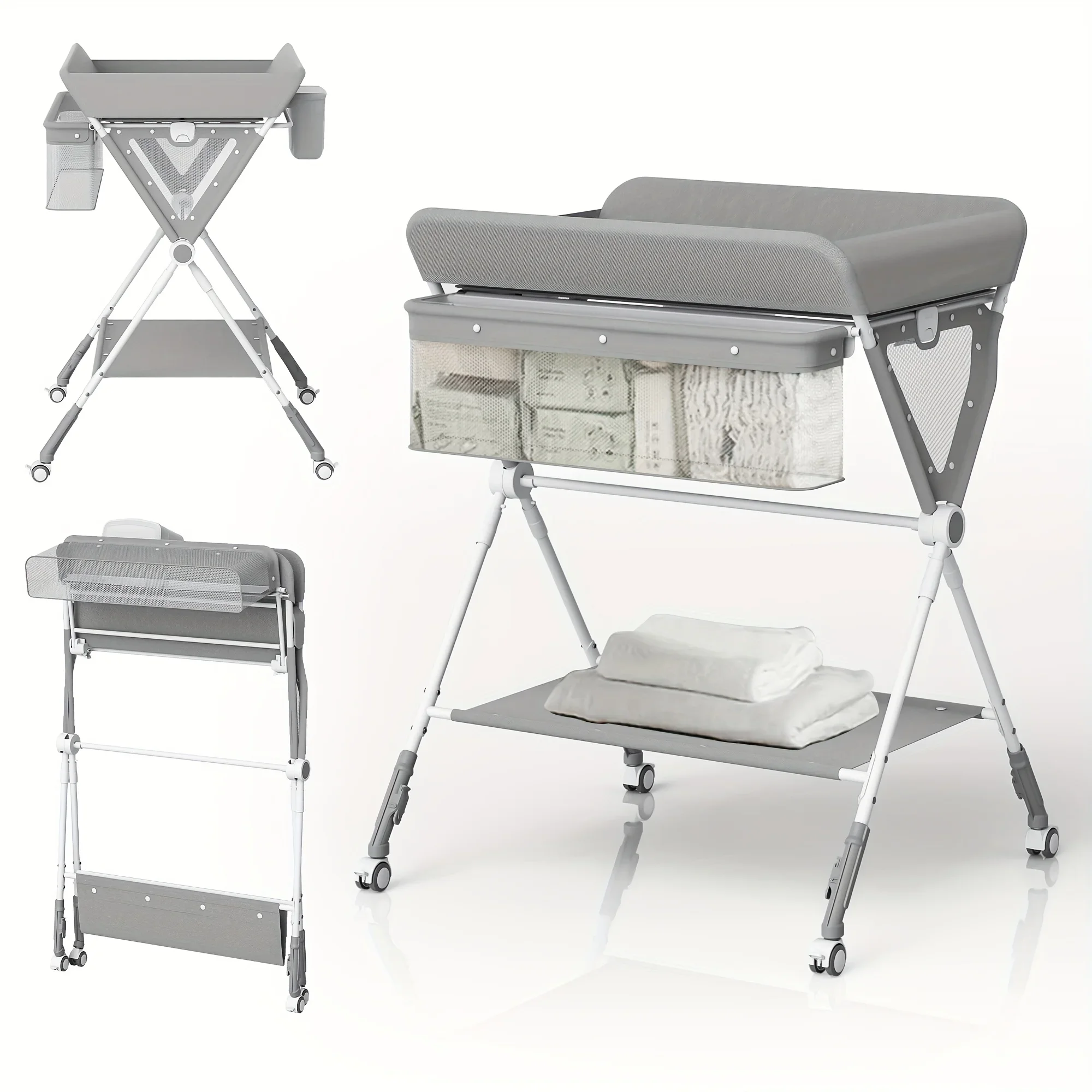 SEJOY, tocador plegable para cambiar pañales con ruedas y estante inferior, cesta lateral, riel para ropa, mesa de pañales portátil para bebés