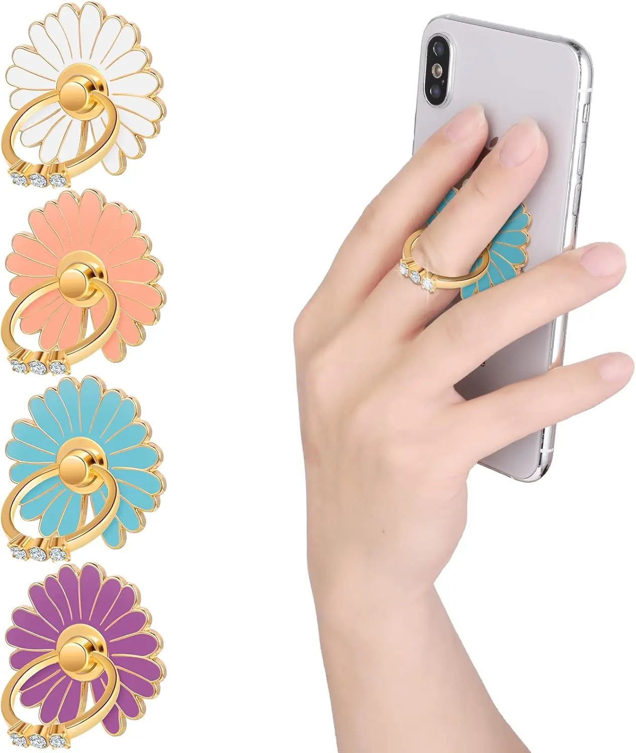 

cobee Cell Phone Ring Holders, 4 Pcs Cute Daisy Finger Kickstands Metal Round 180°/360° Rotation Hand Grip with Knob Loop Phone
