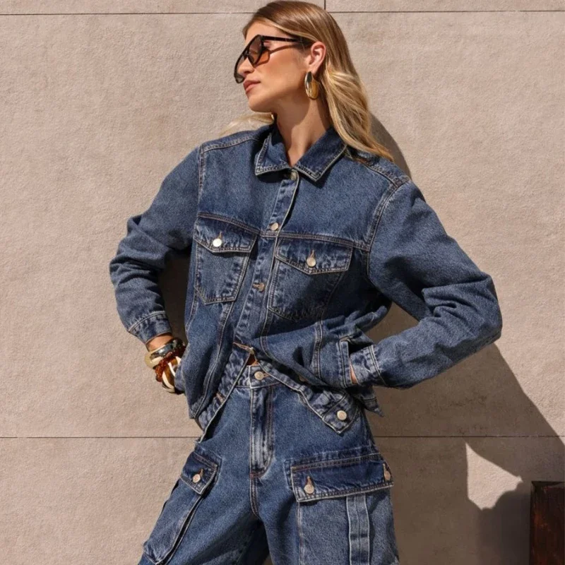 Retro Loose Denim Jacket Women's Fashion Lapel Single-Breasted Pocket Long-Sleeved High Street Coat Autumn Commuter Coat
