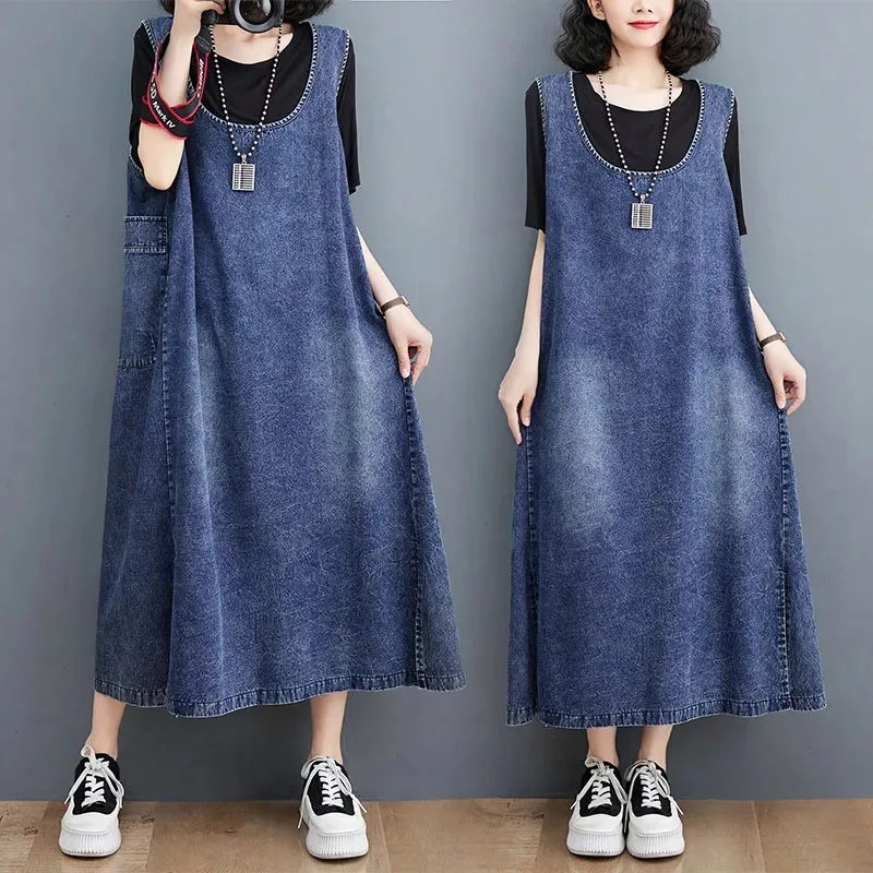 

New Women's Vest Denim Dress Spring Summer Large Size Casual Long Waistcoat Skirt Female Sleeveless Pullover Denim Dresses Blue