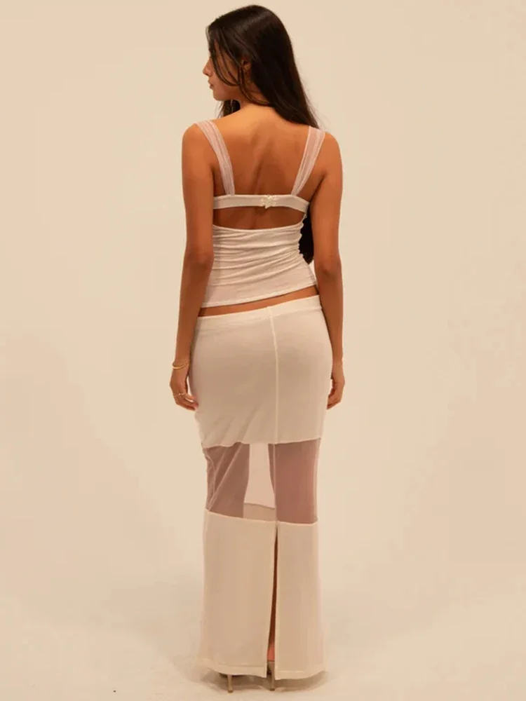 Ensemble deux pièces sexy pour femme, jupe transparente à col carré, nouvelle mode, 2024