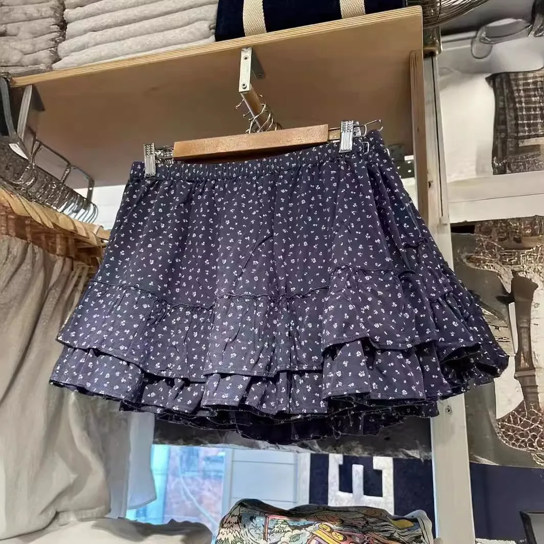 กระโปรงทรงเอเอวสูงลายดอกไม้ ยางยืด แบรนด์ใหม่สำหรับผู้หญิง กระโปรงทรงบอดี้ พลีททรงเค้ก ผ้าโพลีเอสเตอร์