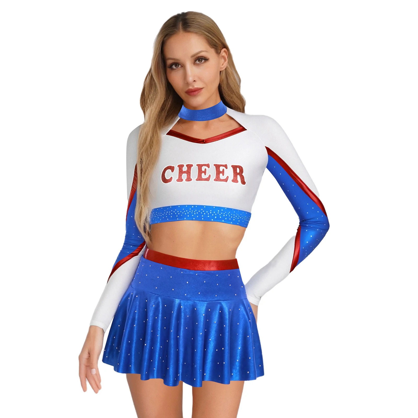 

Women Cheerleading Uniform Cheer Leader Dance Schoolgirls Role Play Costume Suit Long Sleeve Cheer Print Crop Top and Miniskirts