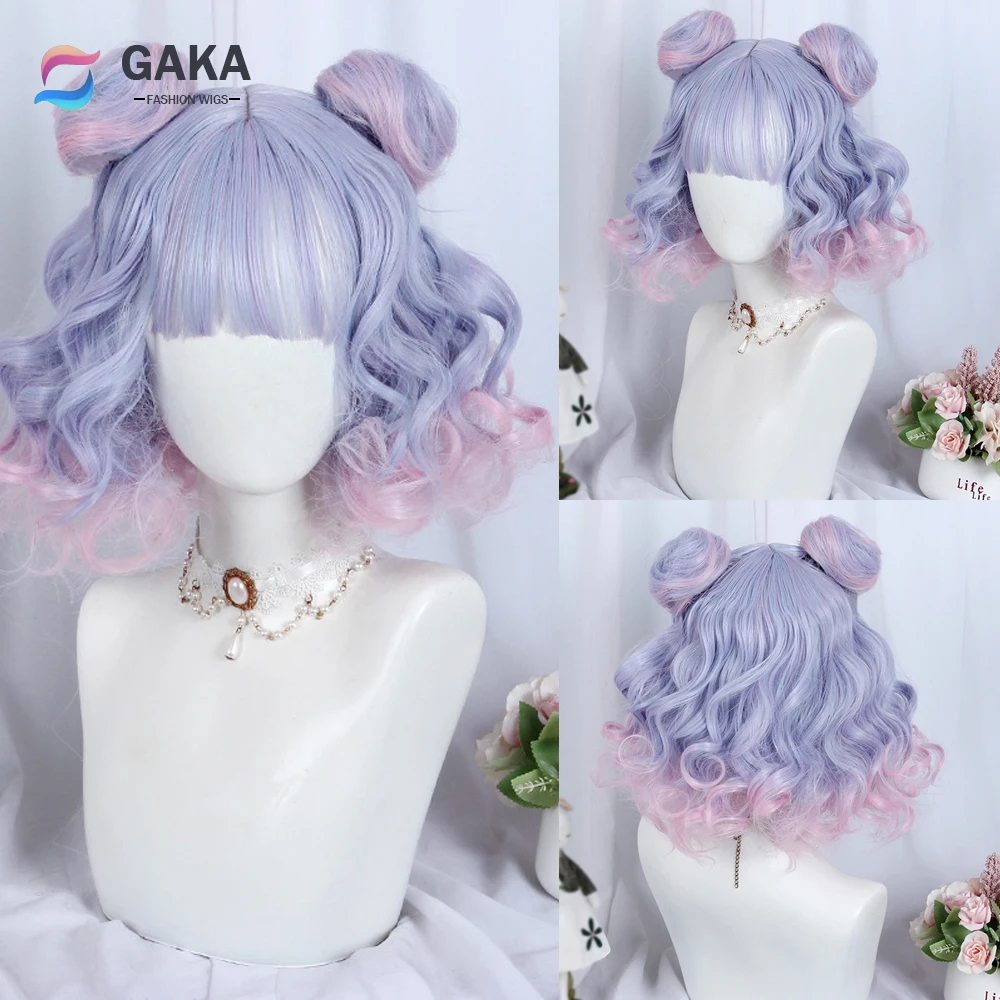 

GAKA Ombre Blue Short Wigs with Bangs Synthetic Women Lolita Wavy Curly Cosplay Hair Wig for Daily Party