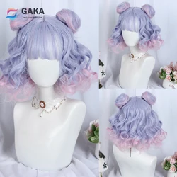 GAKA Ombre Blue Short Wigs with Bangs Synthetic Women Lolita Wavy Curly Cosplay Hair Wig for Daily Party