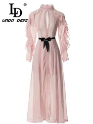 LD LINDA DELLA Summer Fashion Designer Vintage Chiffon Dress Women Stand Collar Sexy Hollow Out Bow Wrap Belted Lace Long Dress