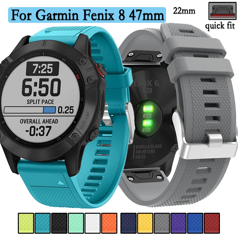 

22mm QuickFit Watchband For Garmin Fenix 8 47mm/6/5 Silicone Strap With Texture Surface and Silvery Buckle Wristband
