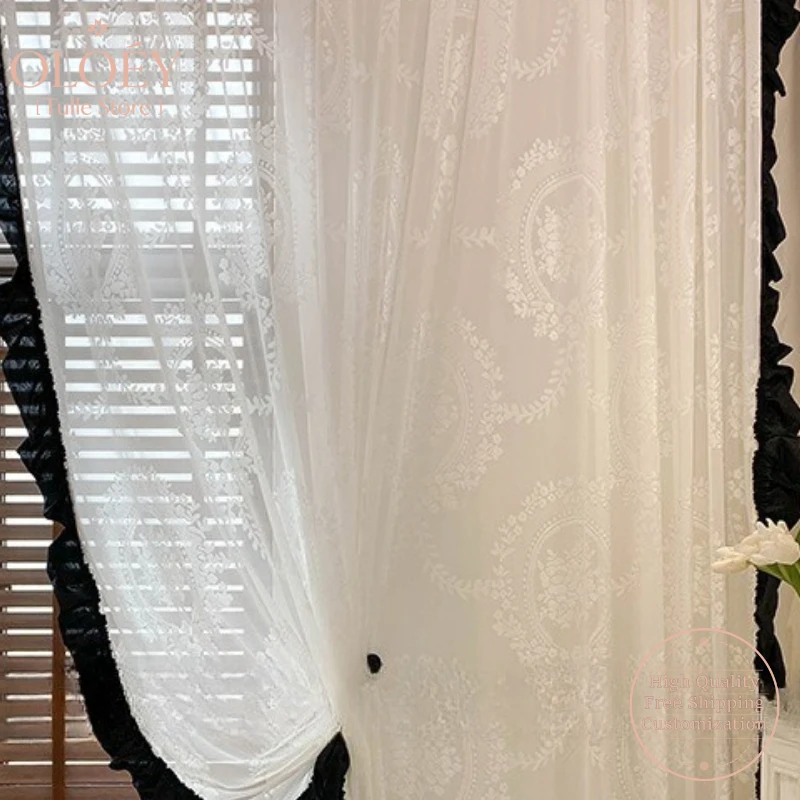 Black Edge French Sheer Short Panels for Bay Window Balcony Living Room Bedroom Relief Trim Curtain Mirror Flower Design Vintage
