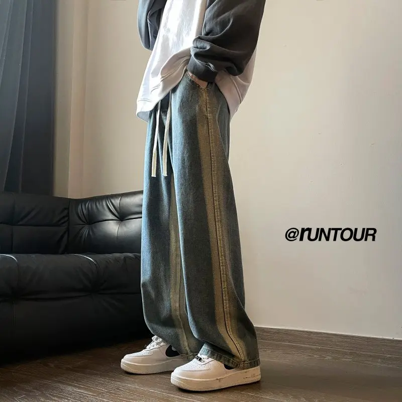

aduated Wa Denim Jeans Men's Spring Autumn Straight Loose Wide Leg Long Pants Teenage American Retro High Street Pants