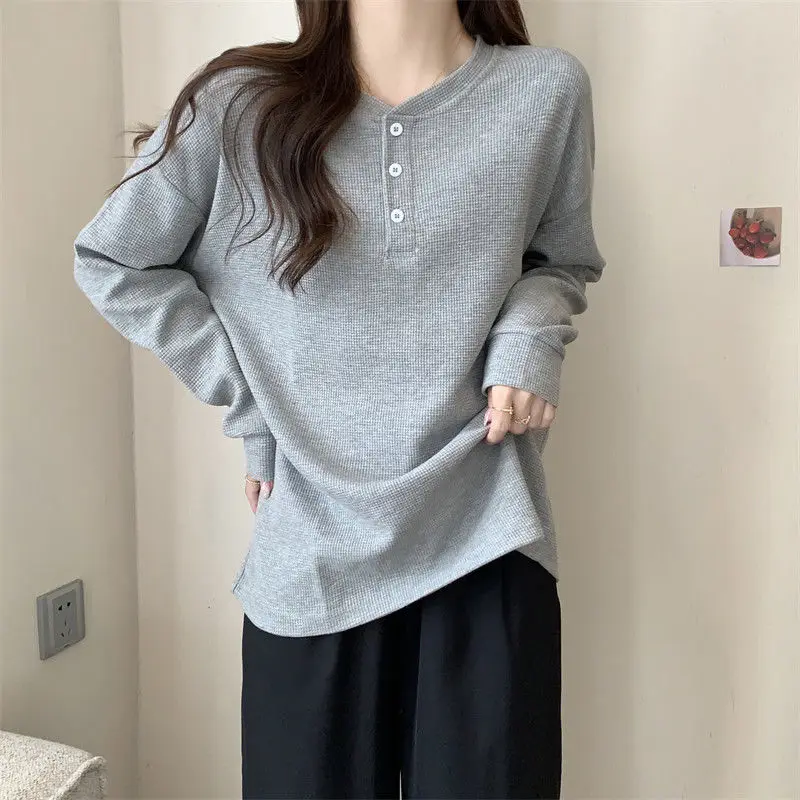 

Yasuk 2023 Spring Autumn Solid Casual T-Shirts Pullover Women's Long Short Sleeve Slim Knitted Top Soft Waffle Versatile Blouse