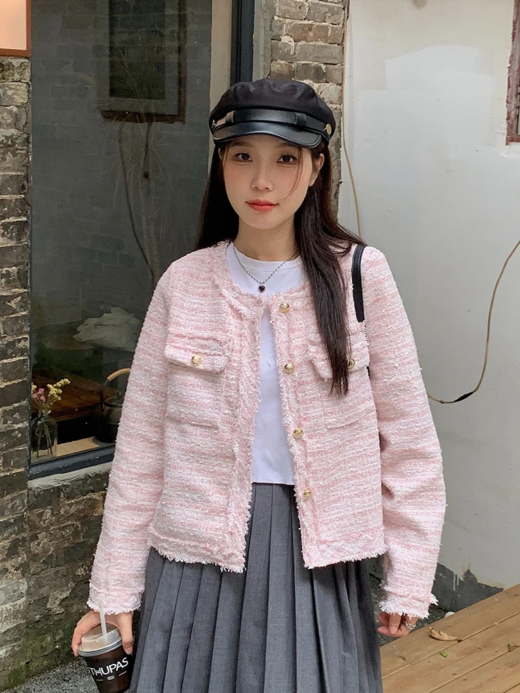Giacca casual francese in tweed da donna elegante o collo manica lunga slim cappotto corto vintage autunno inverno dolce top monopetto femminile