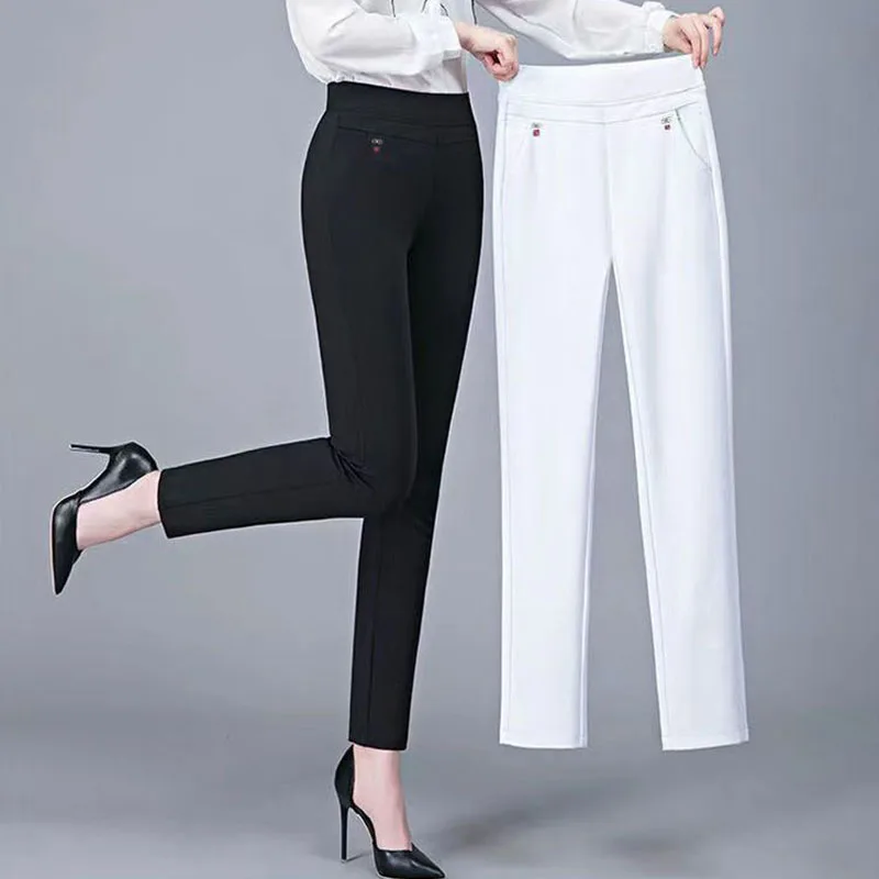 Office Lady Solid Big Size 6XL All-match Pencil Pants Spring Autumn Fashion Women Elastic High Waist Pockets Straight Trousers