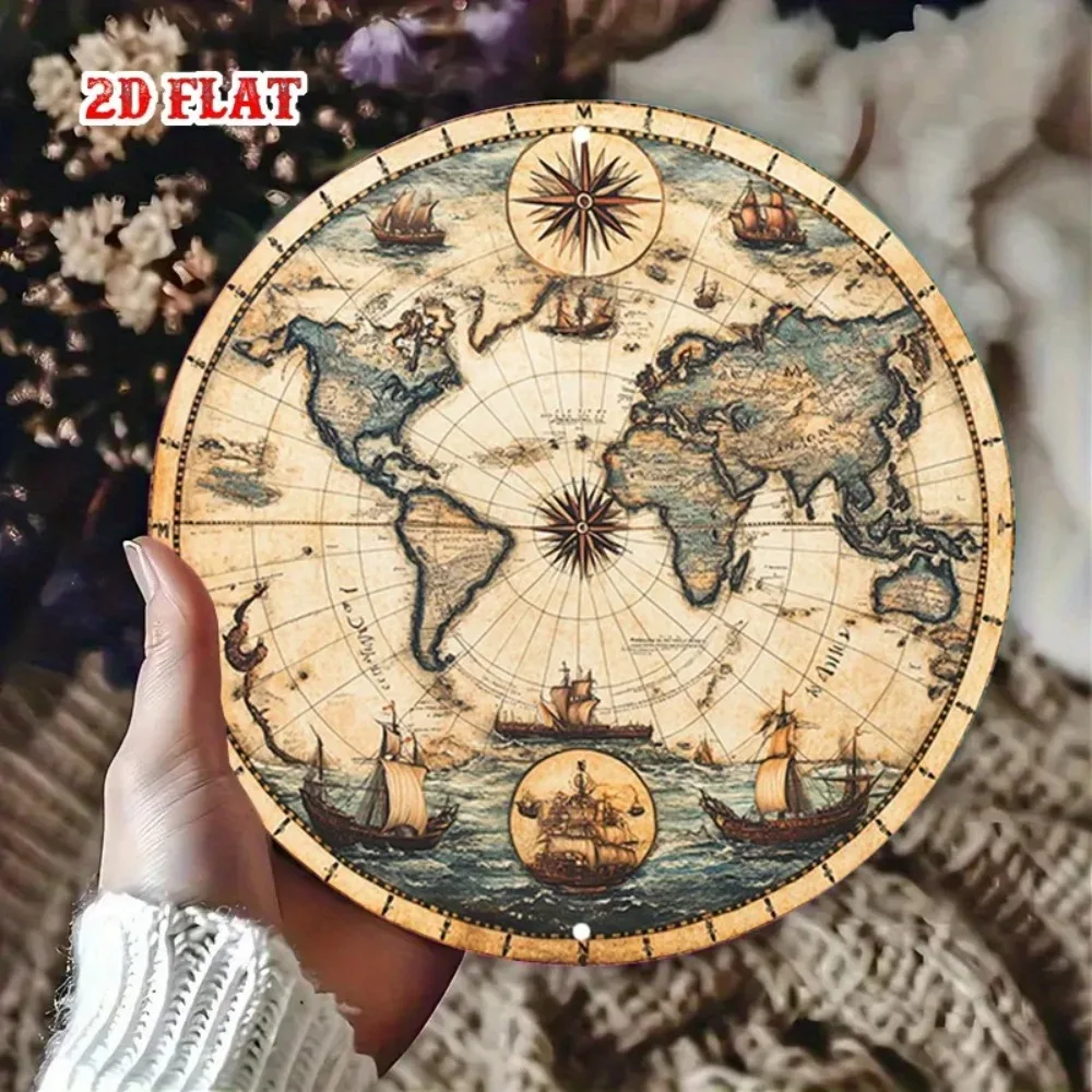Vintage World Map Metal Sign, Nautical Round Aluminum Wall Art for Home Cafe