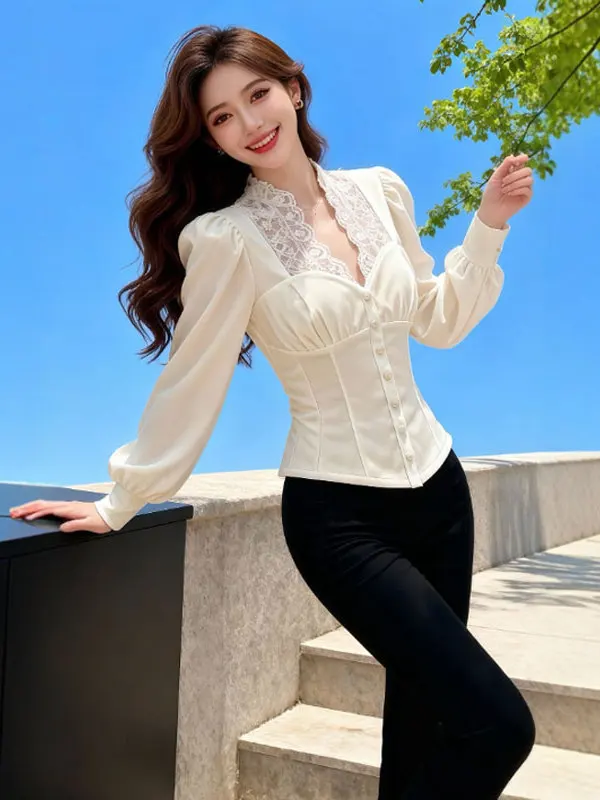 

Элегантный кружевной топ с V-образным вырезом, приталенный, с длинными рукавами во французском стиле, модный женский топ с эффектом утяжки на талии, высокое качество