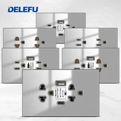 DELEFU Tempered Glass Connected Panel American Thai Standard Socket 124*76mm USB Type C Wall Socket Grey