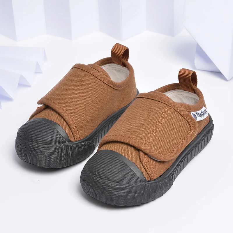 Four Seasons Kids Outdoor Sports Flat Sneakers Khaki And Navy Blue Soft Toddlers Canvas Shoes ED7037