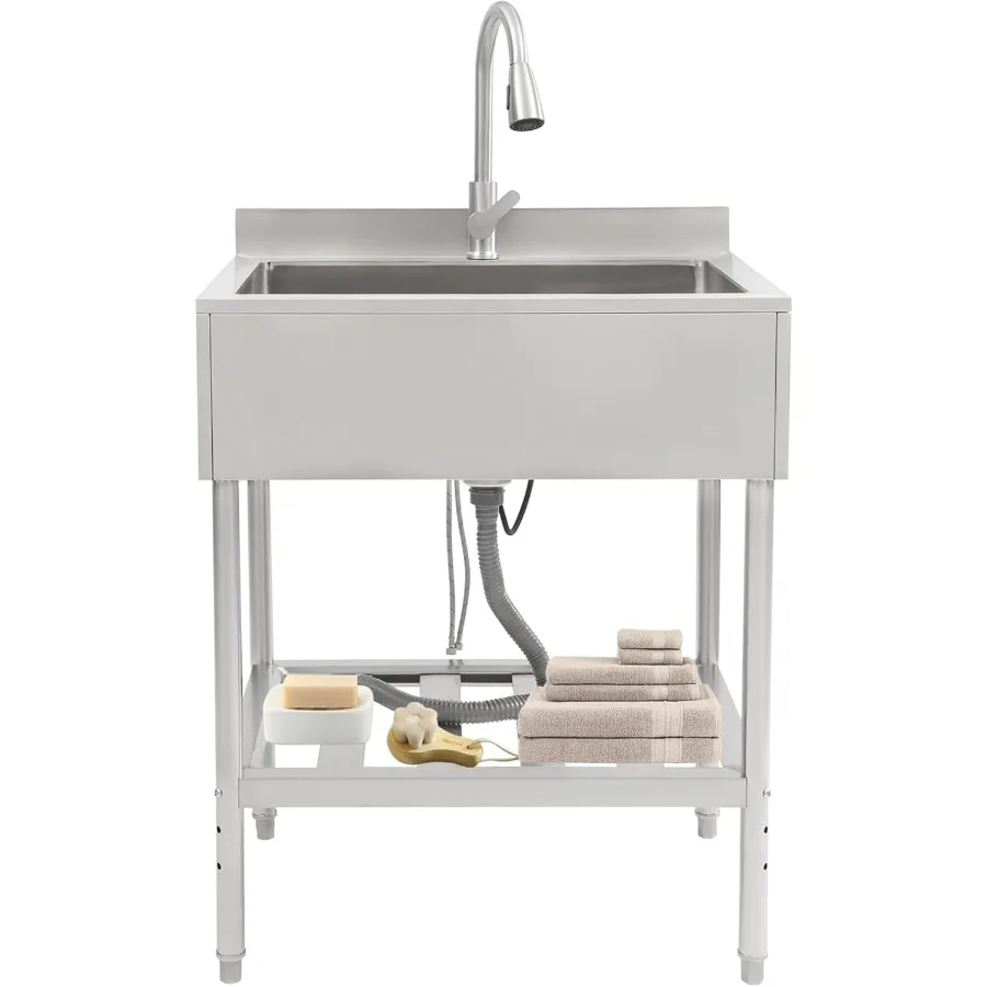 

Отдельно стоящая раковина из нержавеющей стали с выдвижной поворотной полкой для смесителя на 360° для горячей и холодной воды, одна чаша, раковина для стирки